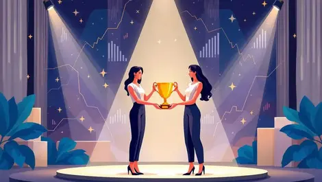 Two professional women award stage with data streams and charts