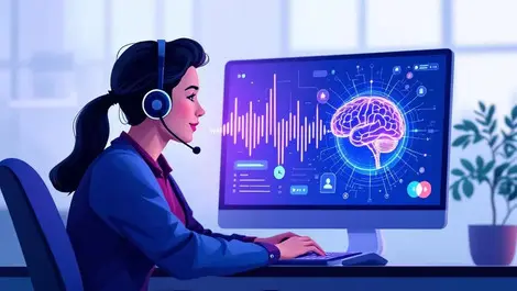 Ai voice contact center agent headset glowing waveform brain icon