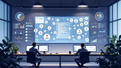 Modern devops room dashboard with interconnected agent icons