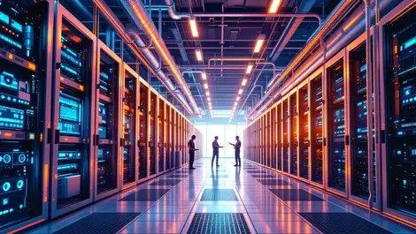 Realistic ai data centre aisle liquid cooled server racks thermal